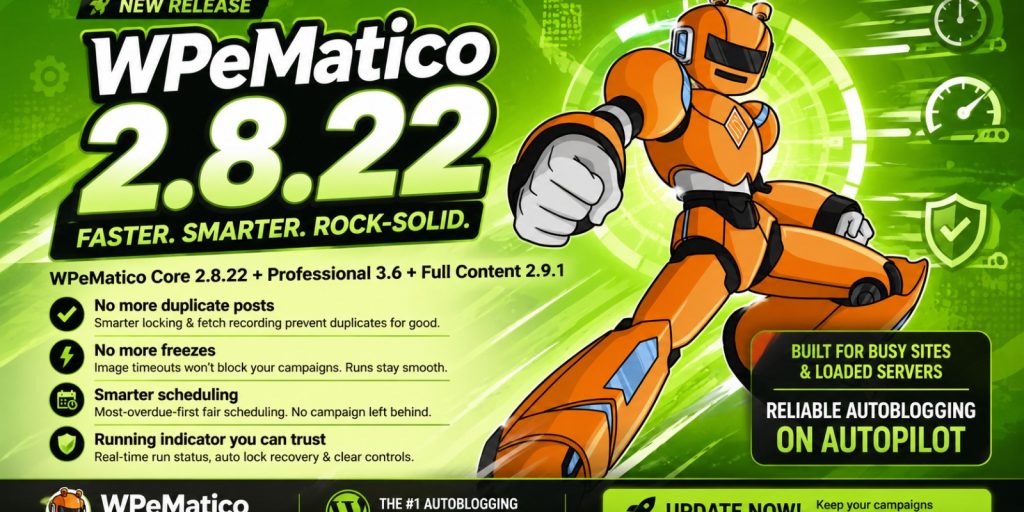 WPeMatico 2.8.22 is here — a coordinated Core + Professional + Full Content update built for speed and rock-solid reliability. 1 WPeMatico 2.8.22 release — faster, freeze-free WordPress autoblogging