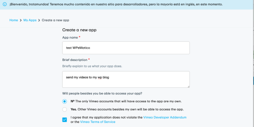 How do I create a Vimeo Access Token for WPeMatico? 15 create app - WPeMatico